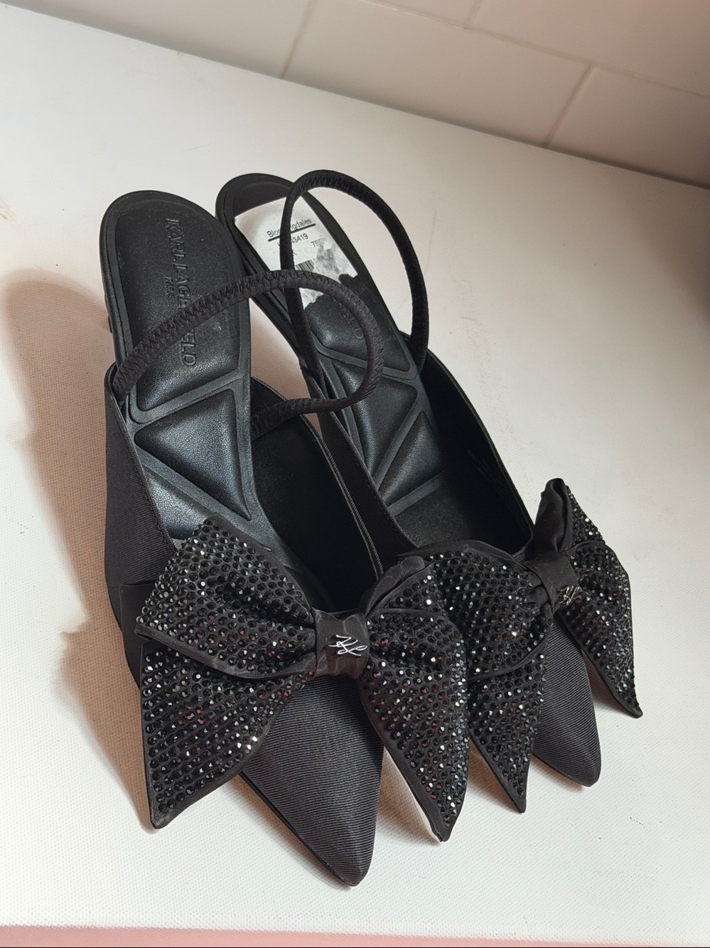 Karl Lagerfeld Heels. Sharla Bow Black embellished . NEW with Tags.